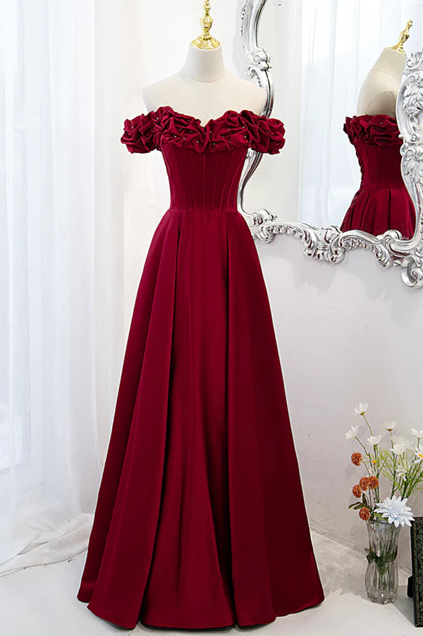 Wholesale Burgundy Satin Off the Shoulder Beaded Long Formal Dress Burgundy A-Line Prom Dress